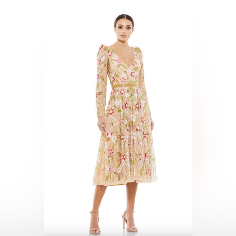 MAC DUGGAL Dress Size 12 Evening Gown Long Sleeve Floral Beaded NEW Midi